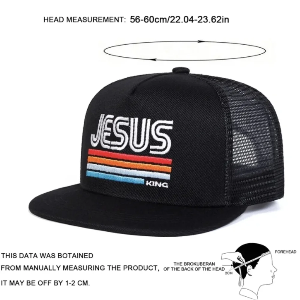 Jesus King Black Trucker Hat with Retro Stripes